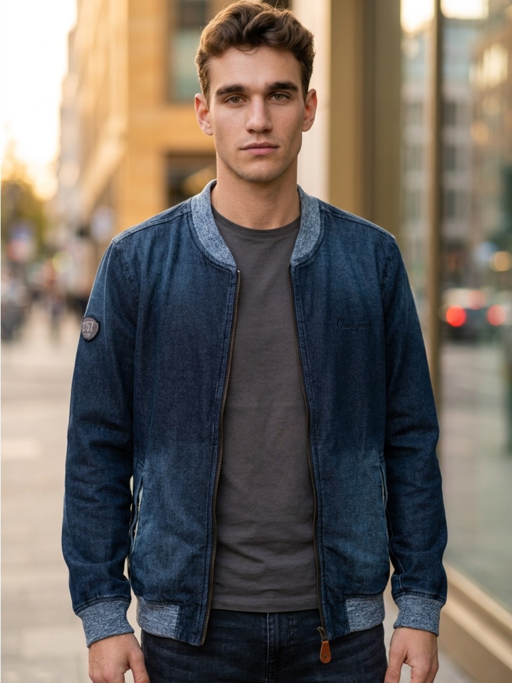 Chevignon Dark Indigo Denim Bomber Jacket with Ribbed Trim
